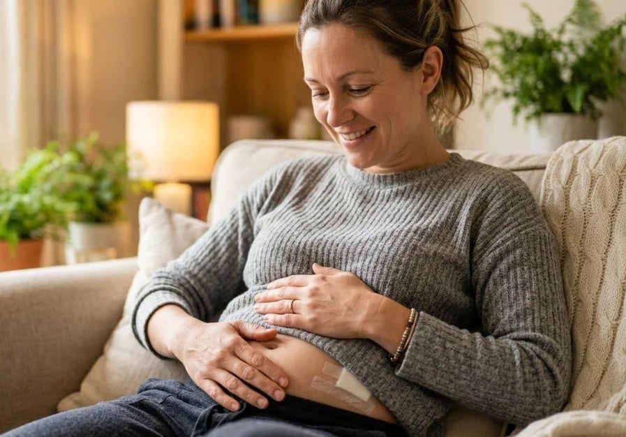 Patient resting at home during tummy tuck recovery with drains in place