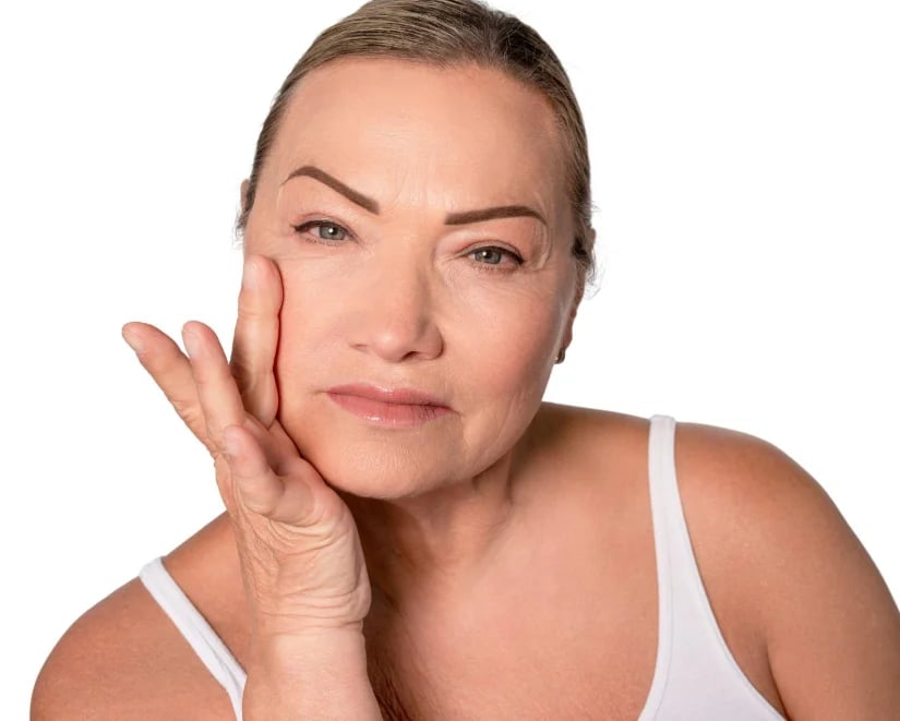 Mature woman checking facial skin laxity along the cheek and jawline