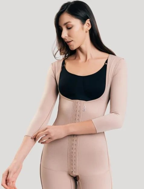 Full-length compression garment of the kind worn after combined body contouring procedures