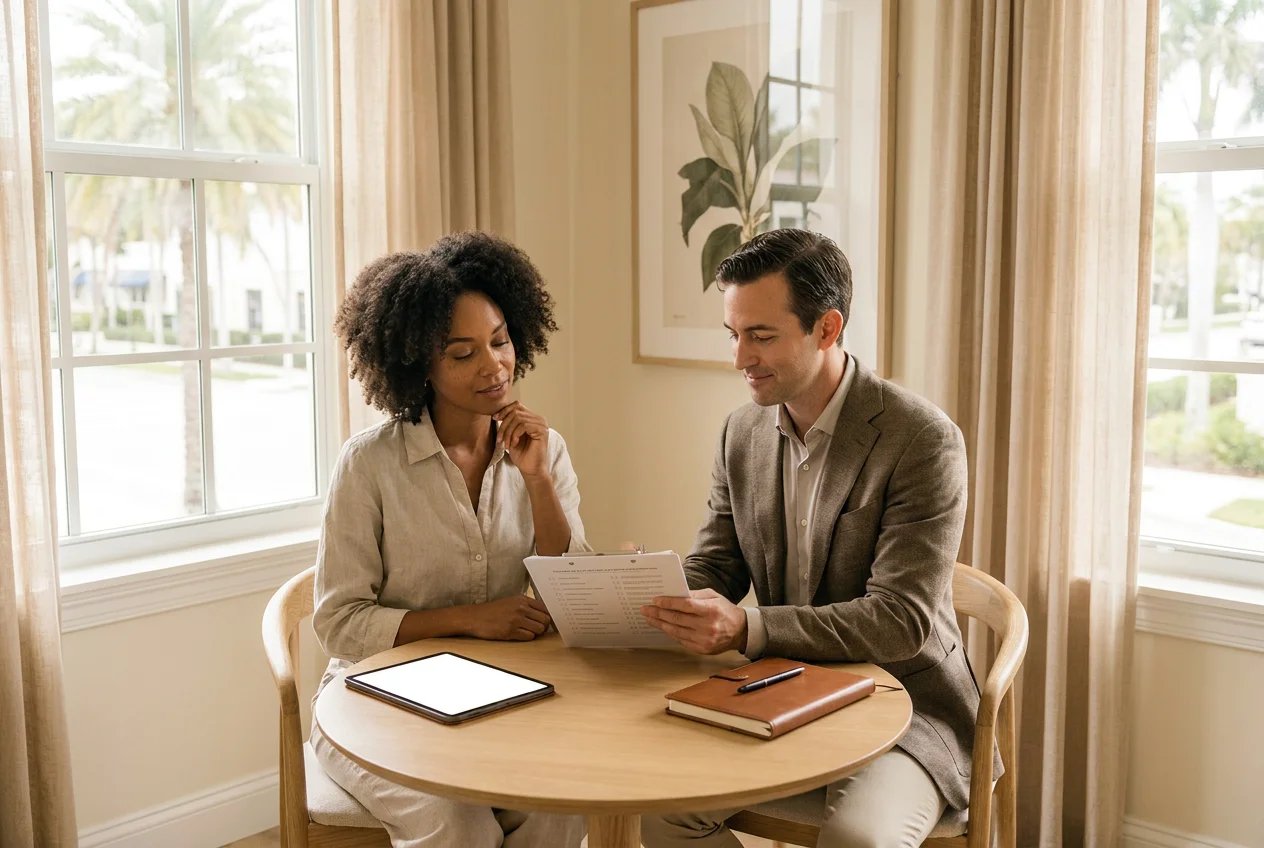 A patient sitting with a plastic surgeon reviewing a checklist to decide between awake surgery under local anesthesia and general anesthesia