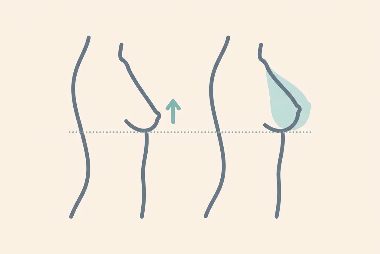 Line drawing of two side-profile torsos on a dotted crease line, one marked with an upward arrow for a lift and one with an added implant shape