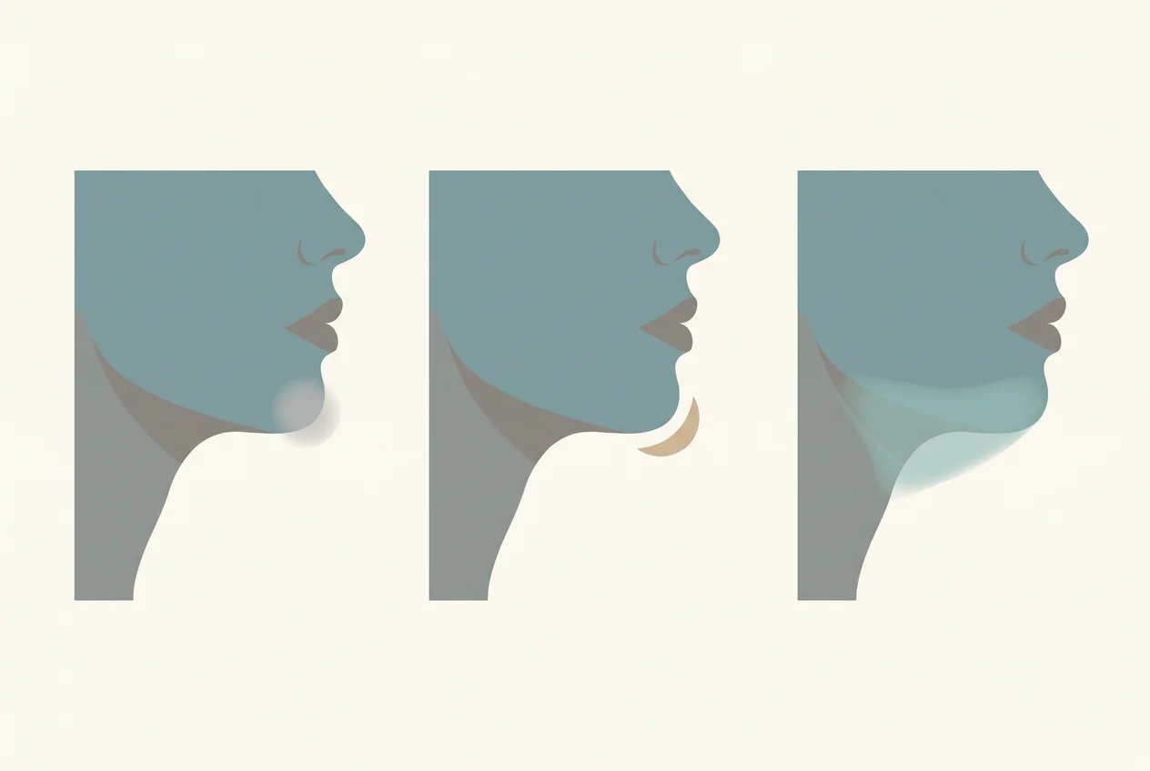 Side-by-side schematic of chin filler, chin implant and chin liposuction, showing where each acts on the lower face