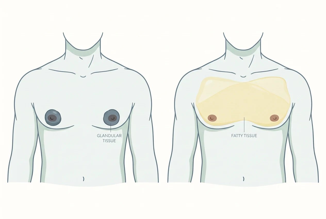 Illustration comparing a male chest with firm glandular tissue behind the nipple and a male chest with soft fatty tissue, used to explain gynecomastia types