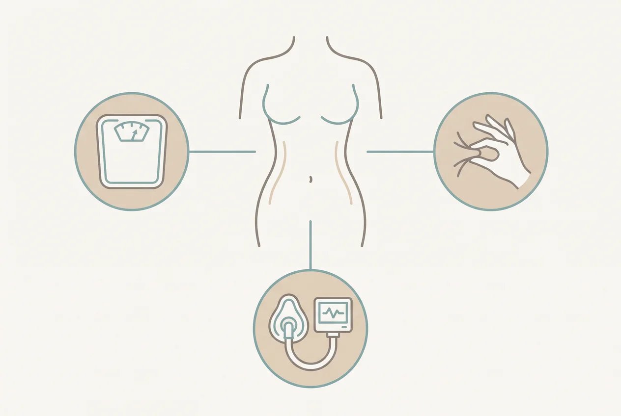 Schematic showing how weight stability, skin quality and anesthesia planning shape a Lipo 360 candidacy review