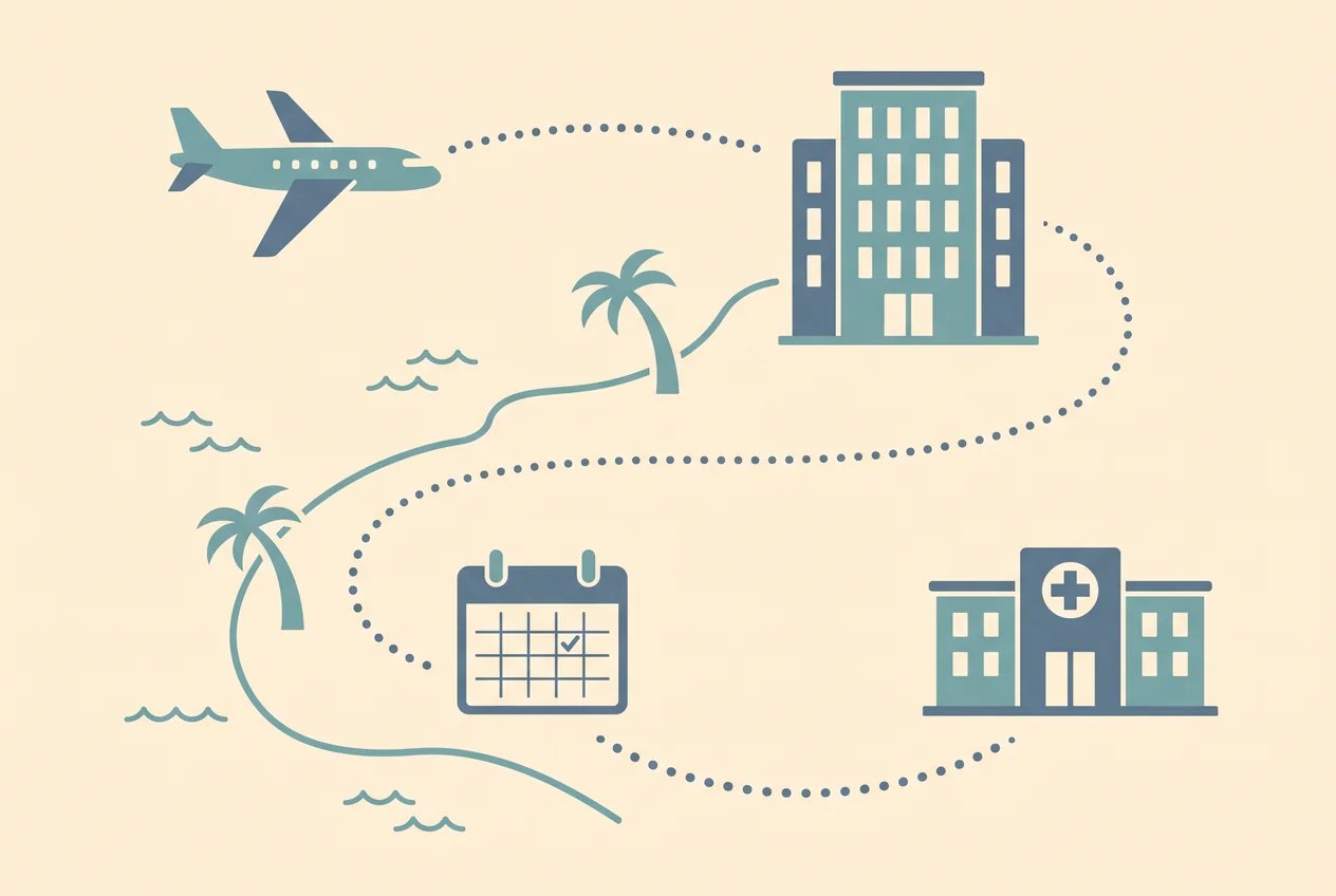 Illustrated travel route linking an airplane, a hotel, a calendar and a medical clinic along a palm-lined coast