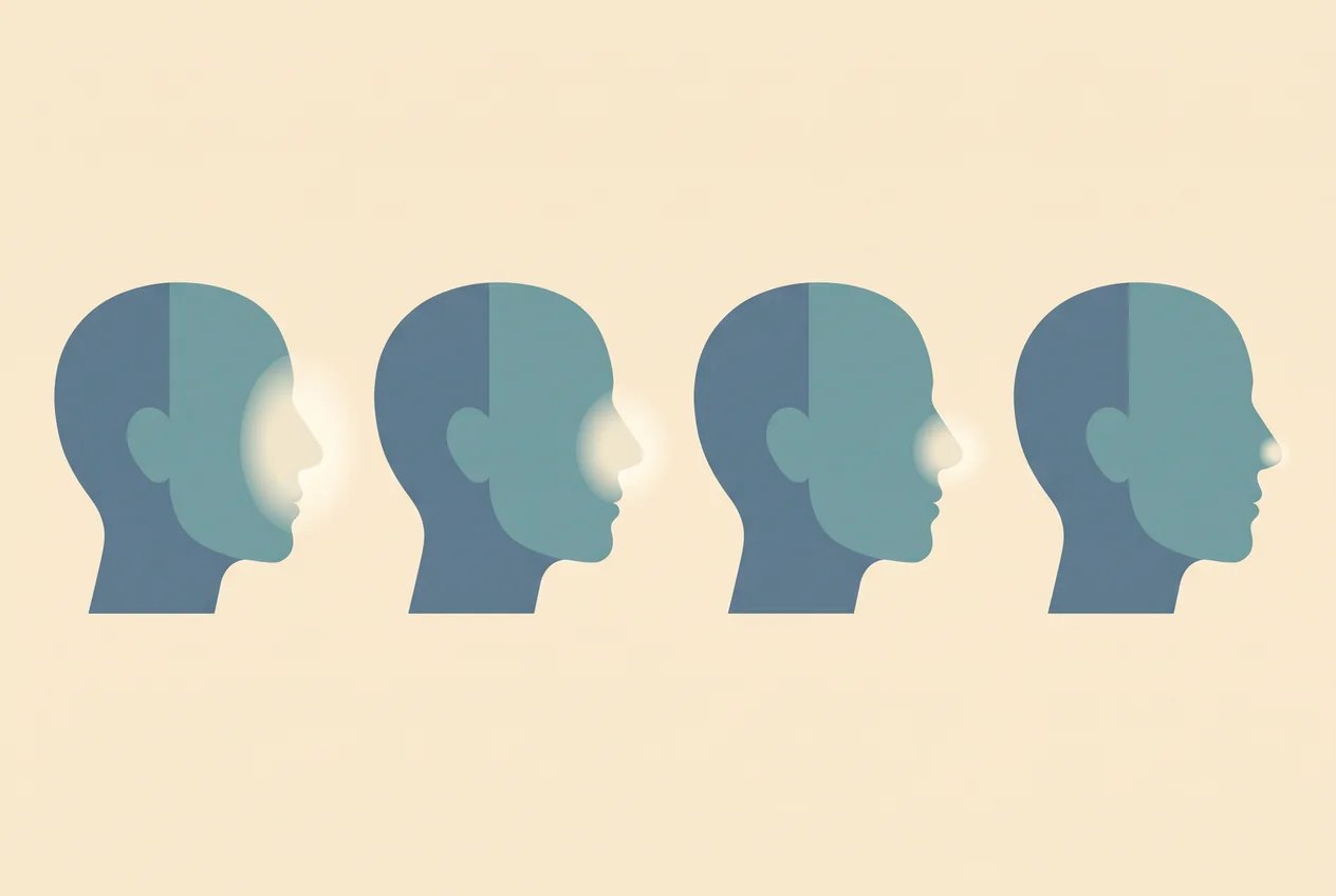 Four head silhouettes in profile, with swelling around the nose fading from left to right and lingering longest at the tip